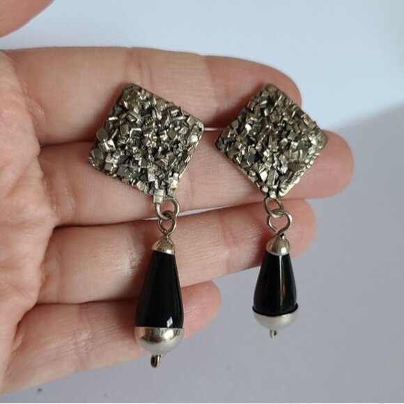 Vintage Taxco Sterling Silver Western Chunky Black Onyx Drop Dangle Earrings - Picture 4 of 10